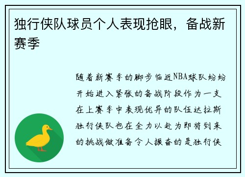 独行侠队球员个人表现抢眼，备战新赛季